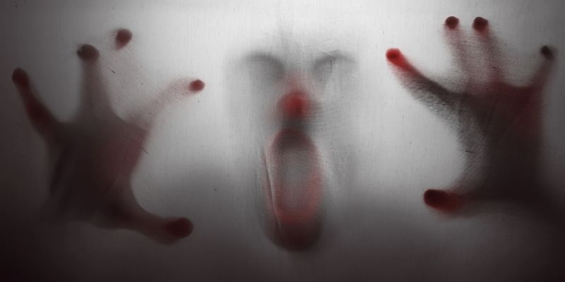 scary face and bloody hands pressing through window