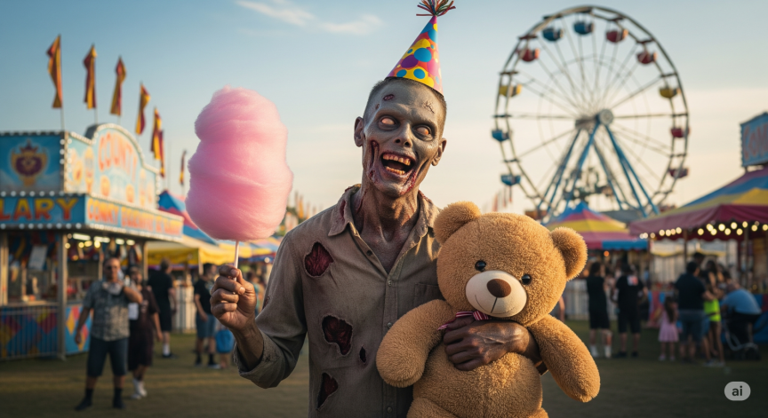 zombie enjoying a county fair, holding cotton candy in one hand and a big teddy bear with his other arm while wearing a silly party hat