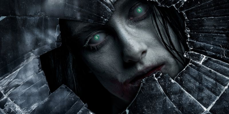 zombie popping out from broken glass with dollar sign eyes