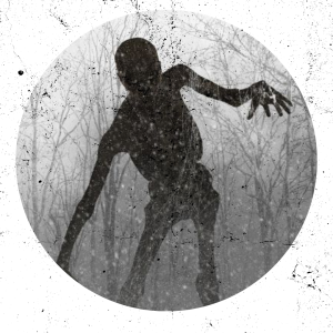 scary-shadow-creature walking though the woods towards you black and white