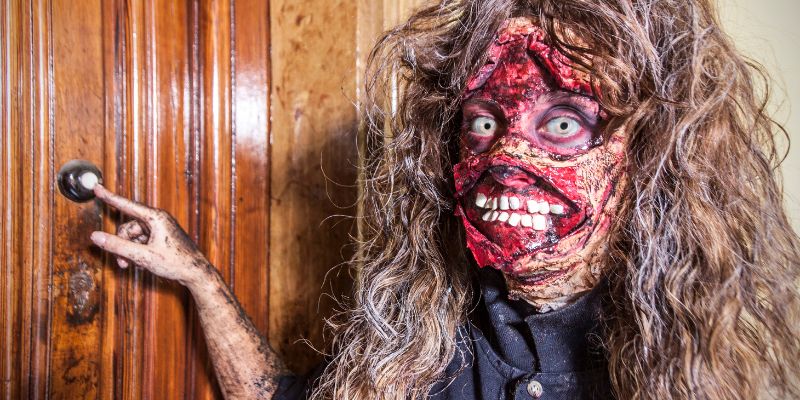 scary woman ringing doorbell