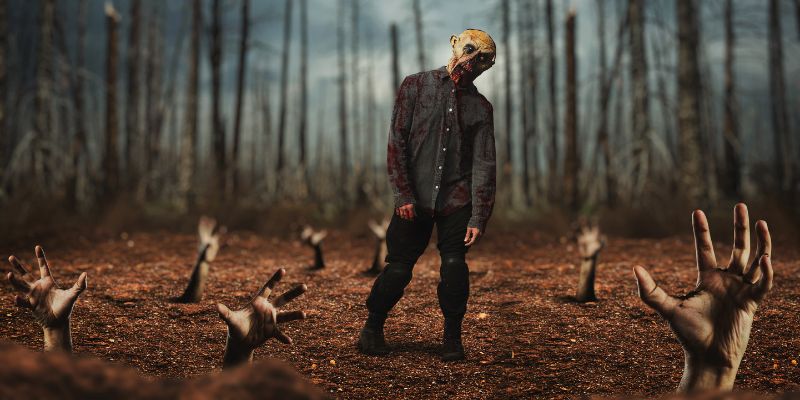 field of dirt with hands reaching out towards the camera and a long zombie stands in the middle
