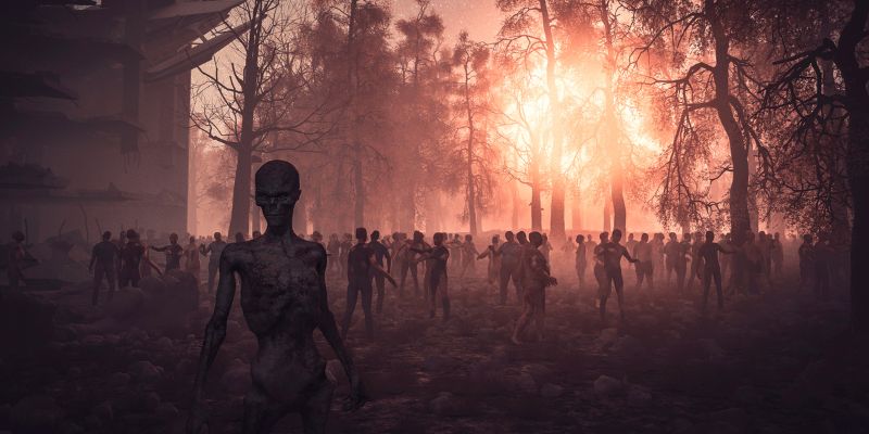 field full of skeletal zombies wandering in the early morning light