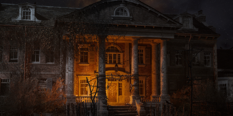 Exterior of a haunted house with some warm lighting illumination.