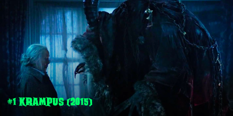 scary krampus standing next to little girl