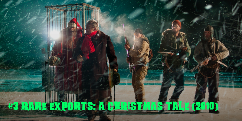 group of smugglers standing in the snow with a Santa Claus in a cage