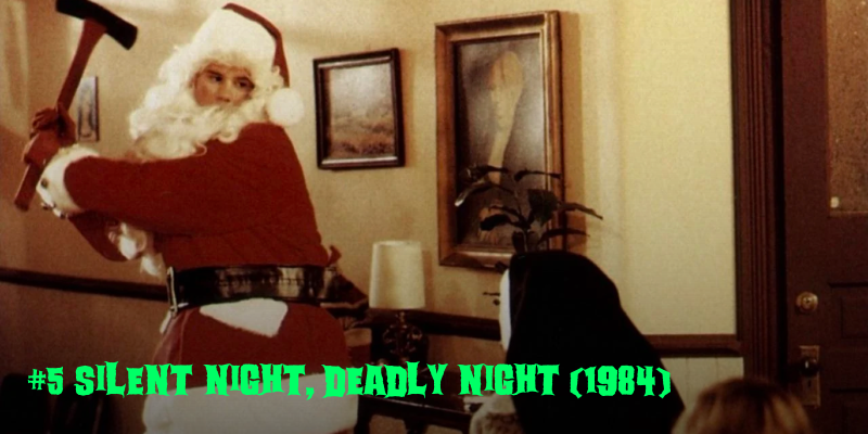 Santa Clause swinging an axe at someone