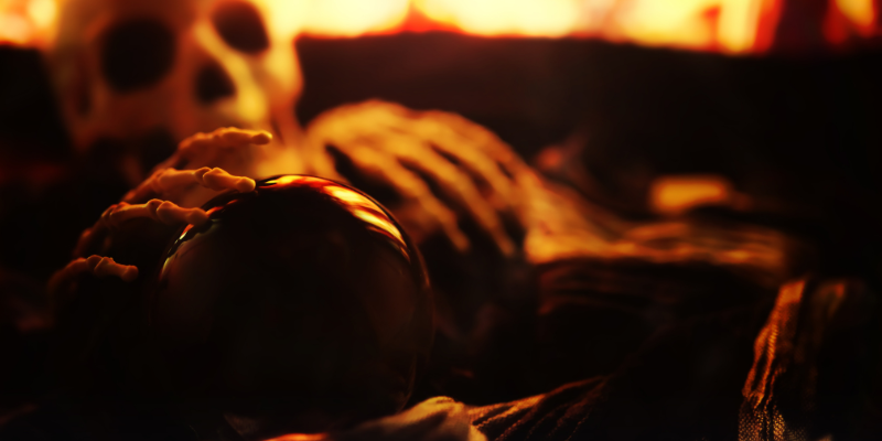 Zombie skeleton hand rising, Halloween scene