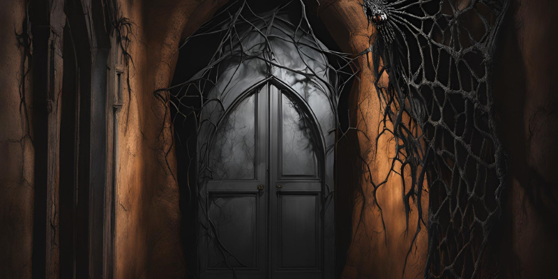 Spooky scene inside a haunted house, black door with vines growing like spiderwebs on the walls