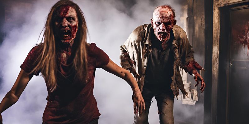 Two zombie actors walking towards you in a haunted house with fog background
