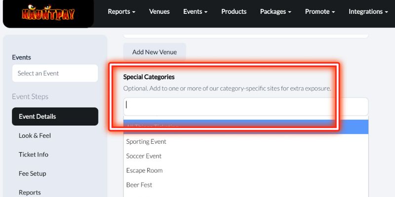 HauntPay admin dashboard showing event setup with category options