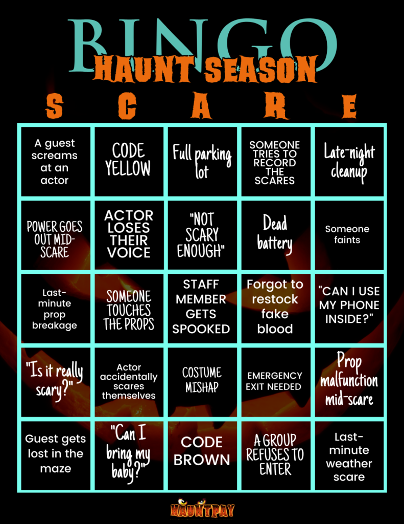 Bingo card displaying SCARE columns with various items haunters experience during the Halloween season