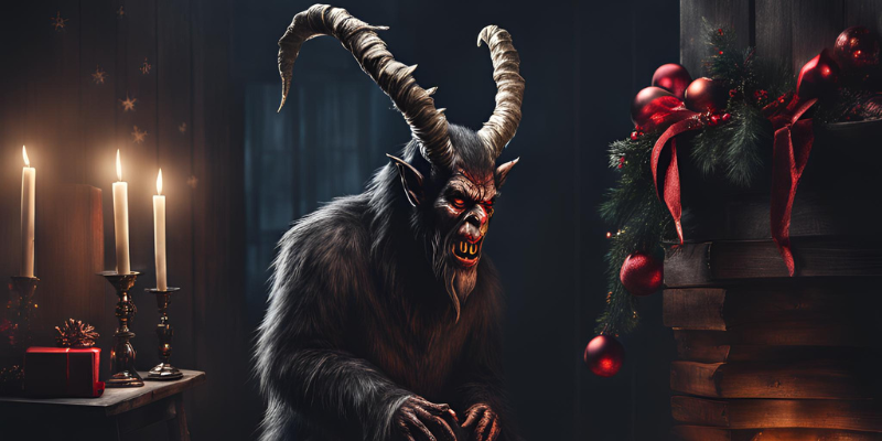 Dark Christmas scene with Krampus monster lurking next to fireplace decorated with garland