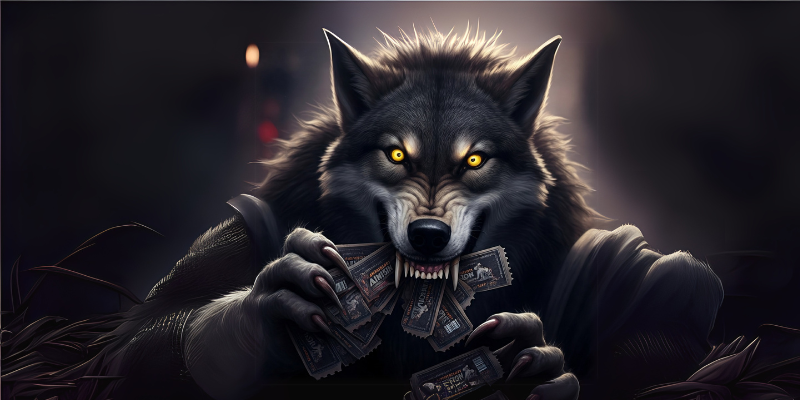 Scary wolfman with sharp claws and armor shredding admission tickets with his long fangs
