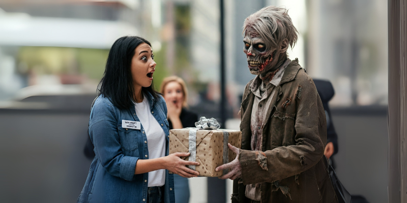 Scary zombie wearing brown tattered suit handing a gift to a surprised nonprofit volunteer