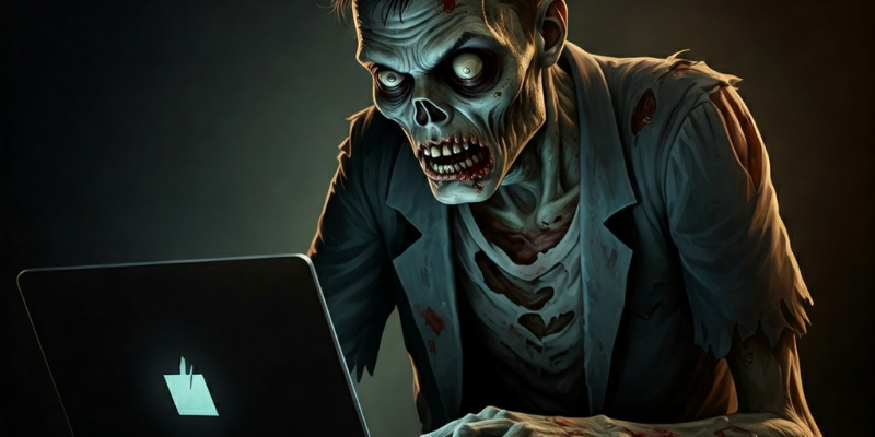 Scary zombie wearing tattered shirt and blazer working on a laptop computer