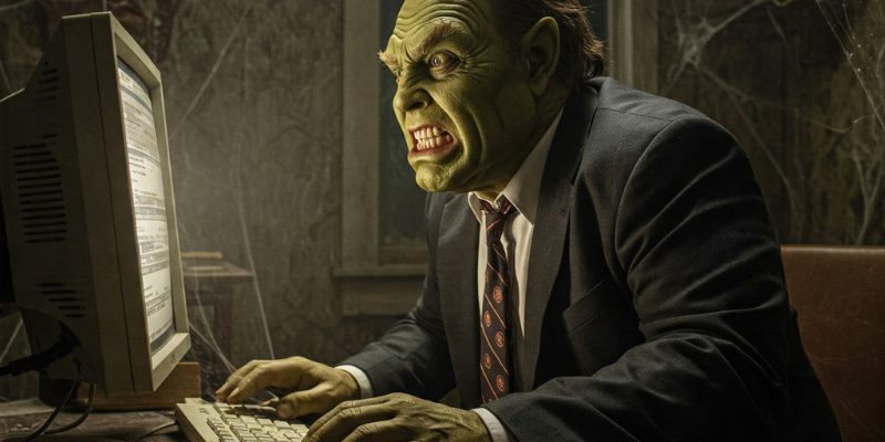 Stressed-out monster wearing business clothes at a computer in a dusty old room filled with cobwebs