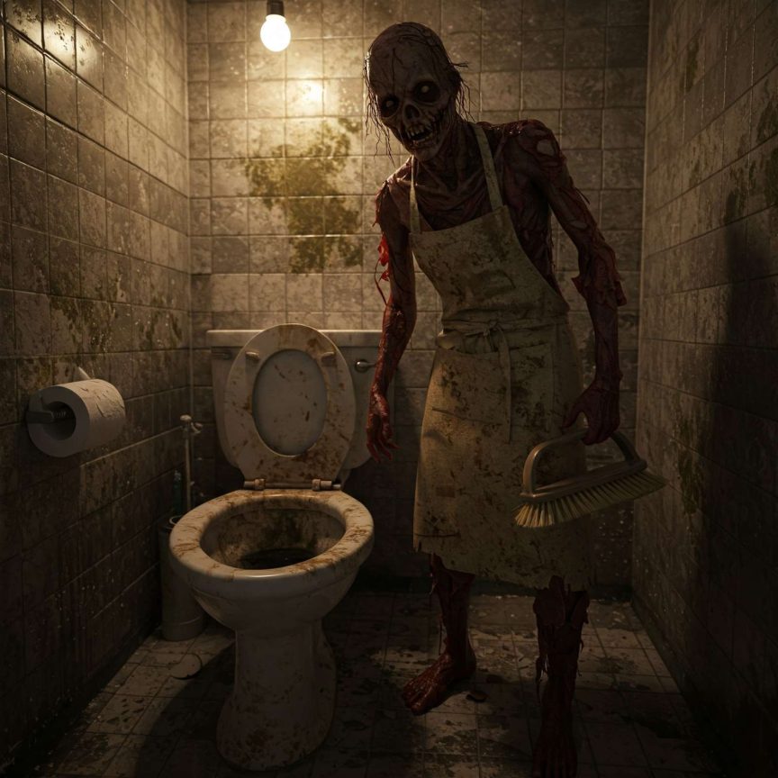 zombie wearing an apron and holding a scrub brush while standing next to a toilet in a dirty, dingy bathroom