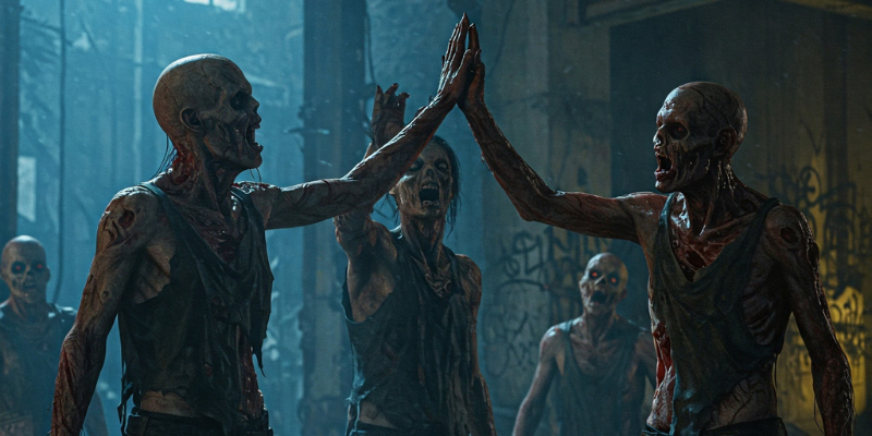 Group of zombies high-fiving in a dirty warehouse