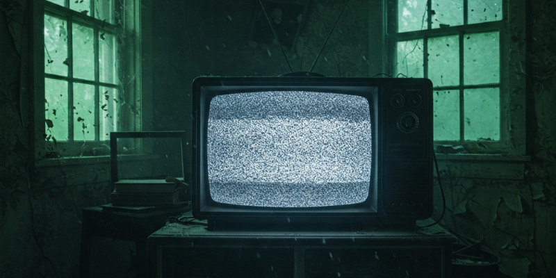 Old TV with antennas displaying white snow on the screen in an abandoned room