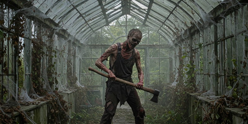 Bloody zombies sharpening an axe in a greenhouse