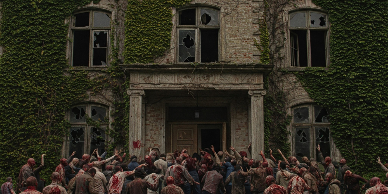 Crowd of bloody zombies trying to break into an old mansion with broken windows and overgrown ivy