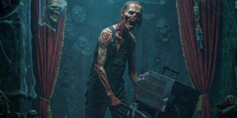 Gory zombie wearing a overalls in a room full of masks and cobwebs holding a large piece of equipment