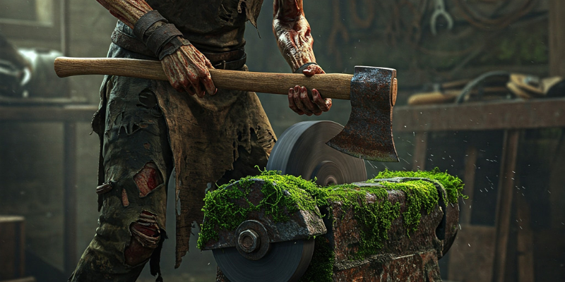 Zombie sharpening an axe inside a toolshed