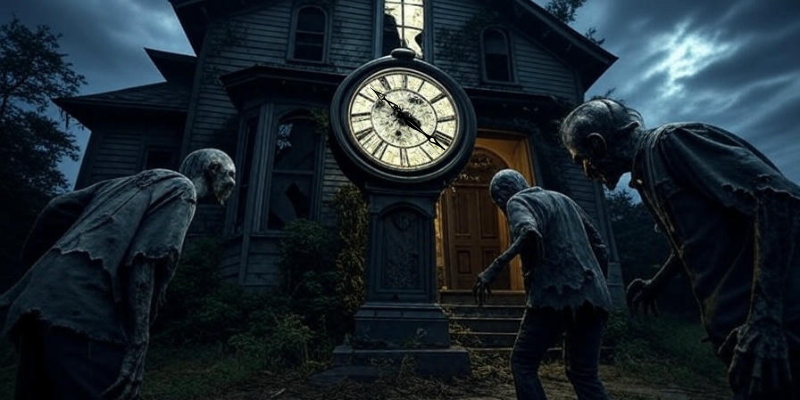 Zombies stalking up to the entrance of a haunted house with a giant clock in front of the entrance