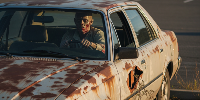 Bloody zombie driving a rusted-out car