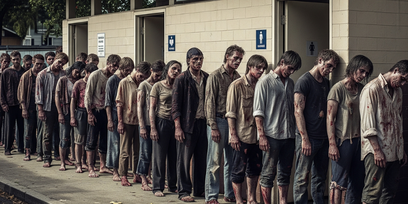 Hoard of zombies waiting in line for a public outdoor restroom