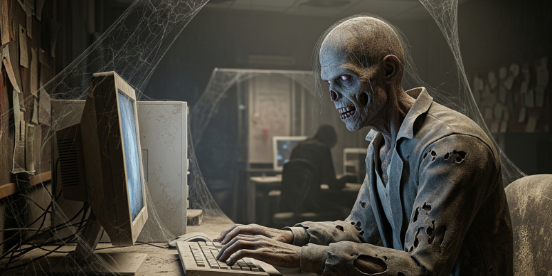 Old zombie with glowing eyes working at a desktop computer in a cobweb-filled office