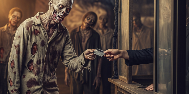 Zombie paying with a credit card at the ticket booth entrance while other zombies wait in line
