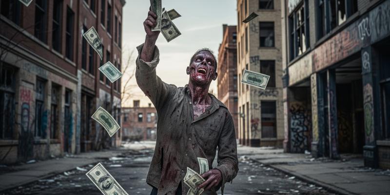 zombie with decaying flesh and tattered clothes, standing in a gritty, abandoned urban street in Detroit, Michigan, gleefully throwing handfuls of US dollar bills into the air