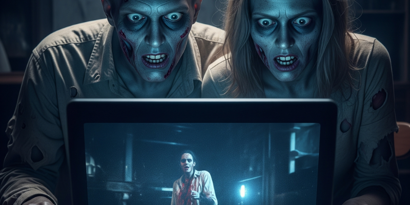 Pair of zombies watching a scary movie on a laptop computer