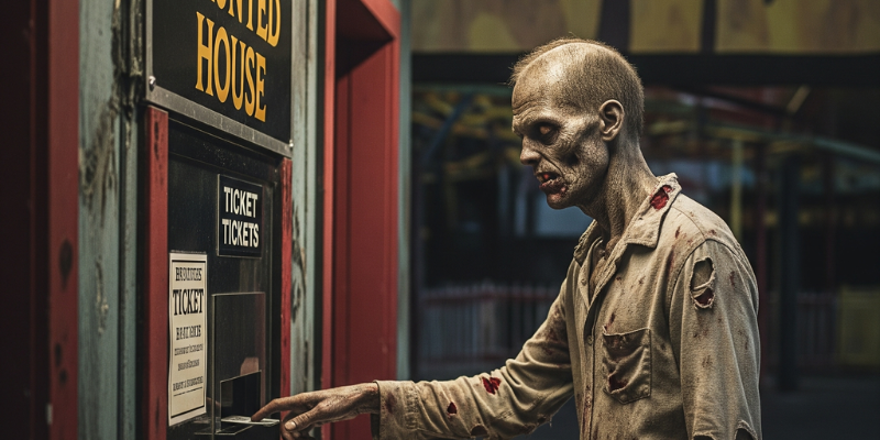 Zombie buying a ticket to a haunted house