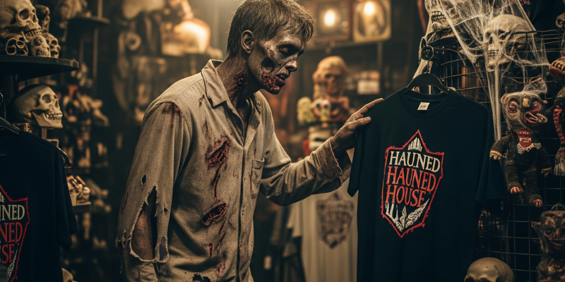 Zombie shopping for a t-shirt inside the gift shop of a haunted house