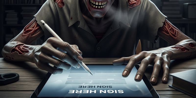 Zombie signing a liability waiver on a tablet