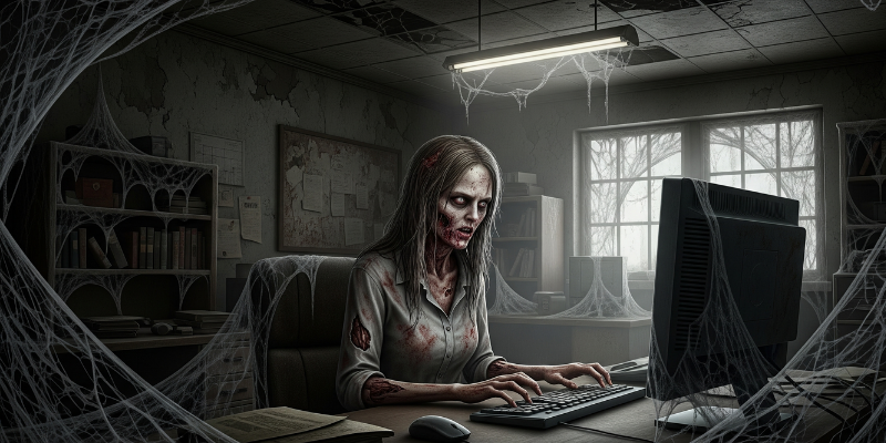Zombie woman typing on a desktop computer in an office surrounded by cobwebs