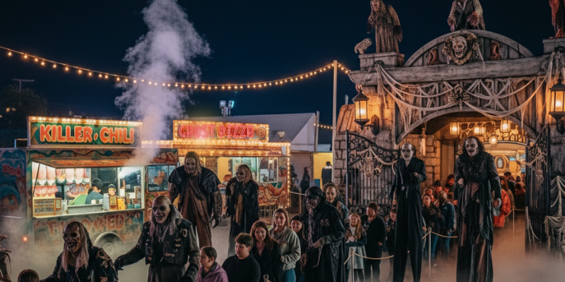 Nighttime scene with a long queue of guests waiting to enter a haunted attraction while scare-actors stalk the queue, with a midways and food trucks in the background