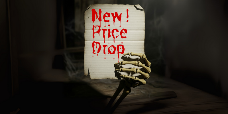 A creepy, skeletal hand holding a sign with a price that is being crossed out, and a new, lower price written below it