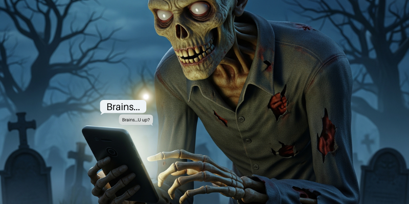 Graveyard scene with a zombie sending text messages