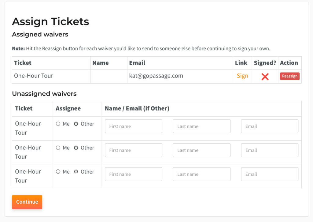 screenshot of My Tickets page with waivers waiting to be signed