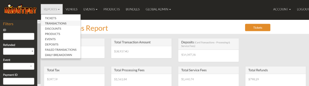 Screenshot of transactions report on HauntPay