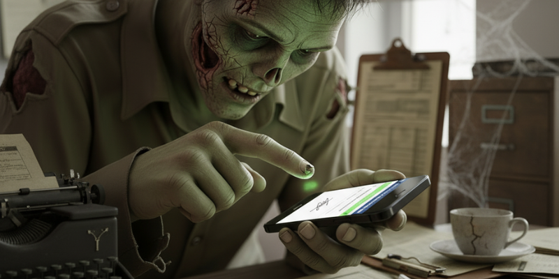 Zombie sitting in an office while e-signing a form on his mobile phone
