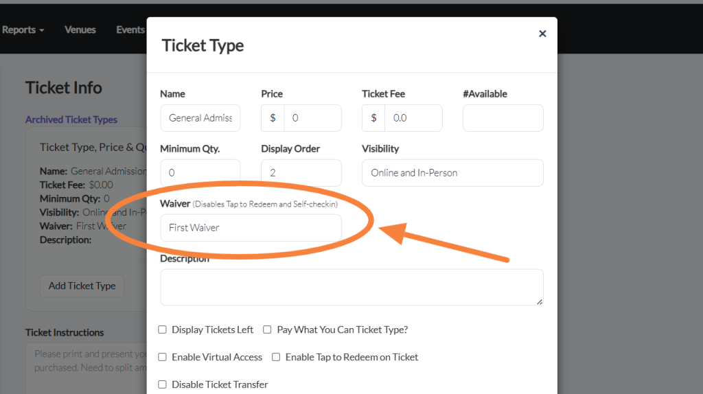 screenshot of an event setup with liability waiver added
