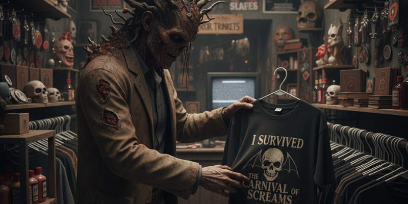 Cordyceps zombie choosing a souvenir t-shirt in a haunted house gift shop