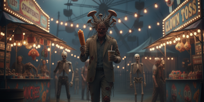 Cordyceps zombie holding a corn dog and a soft drink walking through a carnival midway with skeletons and humans walking in the background