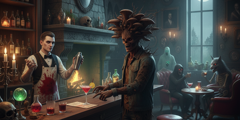 Cordyceps zombie ordering a cocktail from a bar in a haunted house lounge