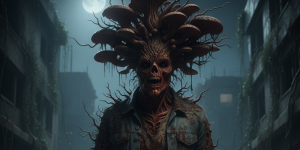 Cordyceps zombie under a full moon snarling at you